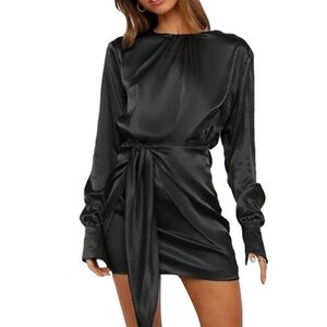 G&Y Women Casual Long Sleeve Ruched Wrap Dress Crew Neck Tie Waist Short Dress